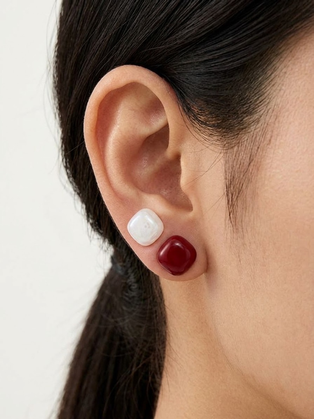 Pearl White and Deep Red Double Stud Earrings - Women Jewelry two pairs only 20$